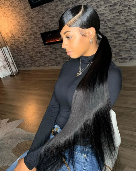 Kim K Ponytail, Long Ponytail Hairstyles, Low Ponytail Hairstyles, Slick Ponytail, Slicked Back Ponytail, Weave Ponytail Hairstyles, Sleek Ponytail Hairstyles, Weave Ponytail, Black Ponytail Hairstyles