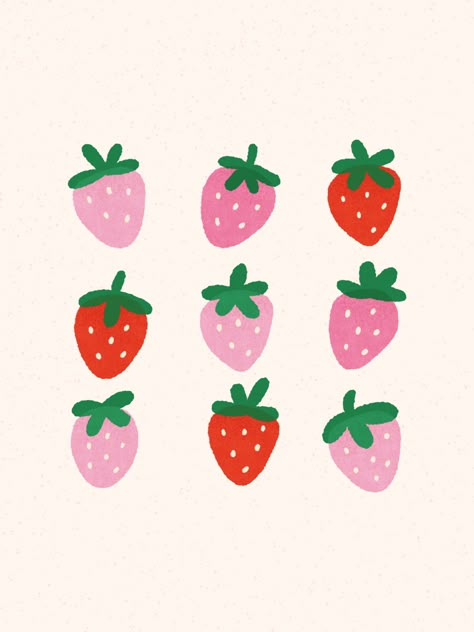 Tiny Strawberry Drawing, Mini Strawberry Painting, Strawberry Wall Painting, Cute Berry Drawing, Canvas Painting Strawberry, Heart Strawberry Drawing, How To Draw A Strawberry Easy, Small Strawberry Drawing, Strawberry Poster Aesthetic