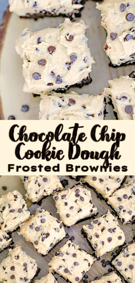 If you love the combination of cookie dough and brownies, you're in for a treat with this delicious, easy-to-make Cookie Dough Frosted Brownies recipe! These chocolatey brownies are topped off with a creamy cookie dough frosting, making it the perfect indulgent dessert that is sure to satisfy any chocolate craving. Enjoy this tasty dessert recipe with family and friends - they won't be able to resist! Cookie Dough Frosted Brownies, Cookie Dough Fudge Brownie, Brownie Cookie Dough Oreo Dessert, Brownie With Cookie Dough Frosting, Cookie Dough Brownies Easy, Brownie Frosting Ideas, Frosted Cookie Bars, Fun Desserts To Make With Friends, Cake To Make With Friends