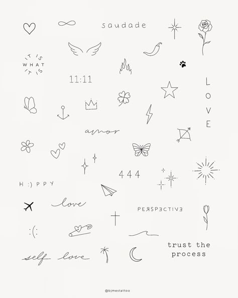 Small Hand Drawn Tattoos, Minimalist Small Tattoos For Women, Tiny Tattoo Words, Small Women Hand Tattoos, Random Minimalist Tattoos, Small Flash Tattoo Ideas Girly, Start Tattoo Design, Next Right Thing Tattoo, Opacarophile Tattoo