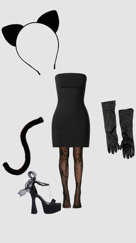 Halloween costume! Black Tie Halloween Party Outfit, Black Gloves Halloween Costume, Cat Outfits Women Halloween, Chill Halloween Outfits, Last Minute Black Halloween Costumes, Halloween Black Dress Ideas, Easy Halloween Costumes For Women Black Dress, Scary Black Cat Costume, Black Cat Halloween Costume College