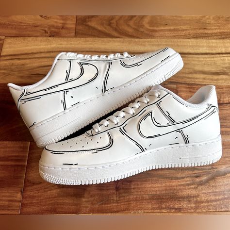 Custom Air Force 1's Hand Painted With Line Art To Give A Cartoon Pop Effect! Custom, Personalized Air Force 1’s Make A Perfect Gift For Any Occasion! Sizes Are Listed As Men’s, So Please Know Your Womens Equivalent (Message Me For Questions And To Confirm Sizing). The Price Includes A New Pair Of Nikes, Your Custom Hand Painted Design, And Shipping. Each Pair Is Hand Painted With High Quality Leather Paints And Sealed To Provide Long Lasting Results! All Shoes Are Made To Order, Ships Within A Painted Nikes, Custom Shoes Diy, Nike Air Force 1s, Black And White Cartoon, Custom Nike Shoes, Unique Sneakers, Nike Shoes Jordans, Custom Air Force 1, Nike Air Shoes