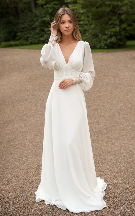 Elegant Modest Country A-Line Floor Chiffon Long Sleeve Wedding Dress with Sequins and Train A Line Wedding Dress With Sleeves Boho, Long Sleeve Wrap Wedding Dress, Long Sleeved Modest Wedding Dress, Two Piece Wedding Dress Boho Long Sleeve, Lace Courthouse Wedding Dress, Wedding Dress Loose Sleeves, Aline Wedding Dress With Sleeves Simple, Unique Wedding Dresses Long Sleeve, Long Sleeve Engagement Party Dress