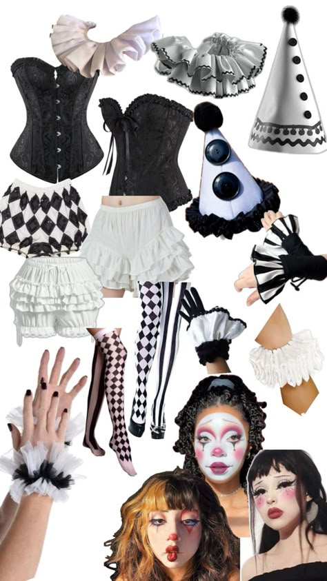 Cute Costumes Ideas, Clown Core Fashion, Clown Fit, Future Halloween Costume, Pierrot Costume, Clown Halloween Costume, Black And White Clown, Clown Costume Women, Clown Aesthetic