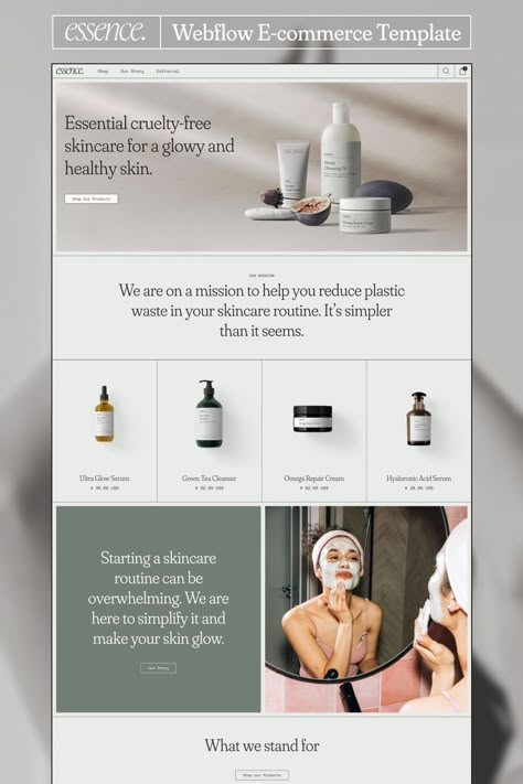 Introducing you to Essence Skincare E-commerce template. With its elegant and modern style, it focuses on simplicity and bringing the best possible shopping experience to your customers. With this e-commerce template that we have created for you, you will find all you need to create your online store that is easily customizable to make it match your brand. Website Skincare | Website Template | E-commerce Template | Webflow Website | Web Design | Web Design Inspo Cosmetic Web, Online Web Design, Website Design Inspiration Layout, Ecommerce Website Template, 포트폴리오 레이아웃, Banner Web, Shopify Website Design, Dropshipping Business, Dropshipping Store