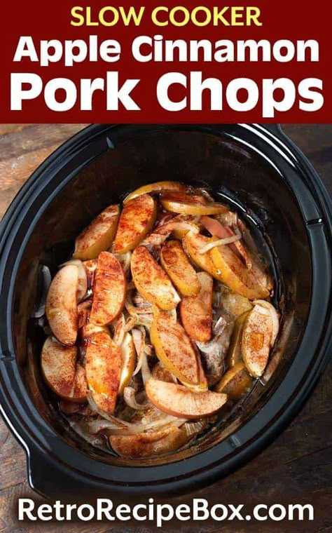 Slow Cooker Apple Cinnamon Pork Chops are a delicious savory sweet meal. This tasty crock pot pork chops recipe is very easy to make, and so tasty! A family slow cooker pork chops dinner. retrorecipebox.com #porkchops #slowcooker #crockpot Pork Chop Recipes With Apples, Apple Cinnamon Pork Chops, Cinnamon Pork Chops, Slow Cooker Pork Chops Recipes, Crock Pot Pork Chops, Recipes With Apples, Pork Crockpot Recipes, Pork Chop Recipes Crockpot, Slow Cooker Apple