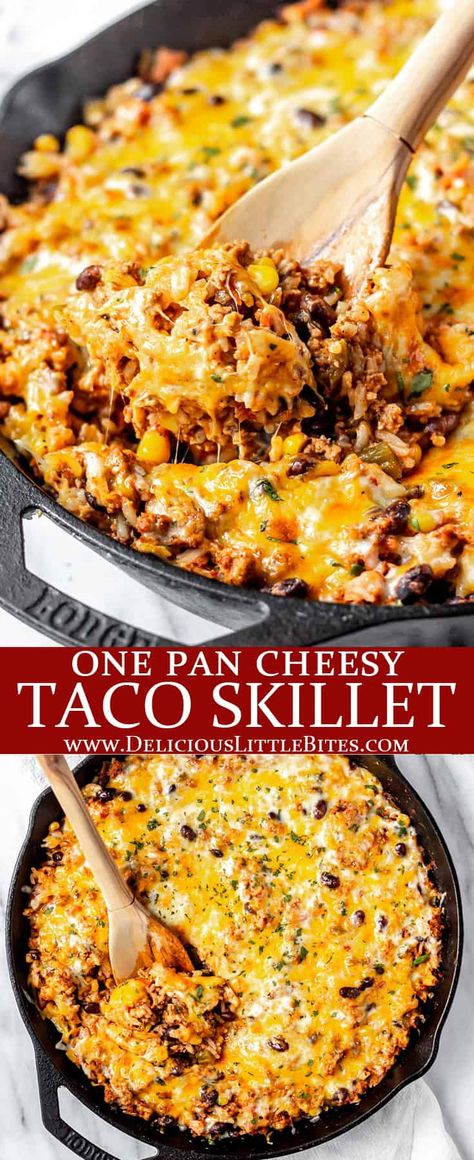 This delicious recipe for Cheesy Taco Skillet uses simple ingredients such as turkey, rice, black beans, and vegetables – so it is an extremely filling, well-rounded dish. Many people will enjoy the taco flavors found in this easy one pan skillet meal, since they are reminiscent of well-loved Mexican and Southwestern cuisines. | #taco #tacoskillet #skilletmeal #onepanmeal #onepandinner #glutenfree Easy Dinner Recipe Ground Beef, Beef And Rice Skillet Meal, Cheesy Taco Skillet With Rice, Mexican Turkey Skillet, One Pot Mexican Skillet, Meals With Mexican Rice, Dinner Recipes Cheap Healthy, One Pan Taco Bake, One Pot Cheesy Taco Skillet