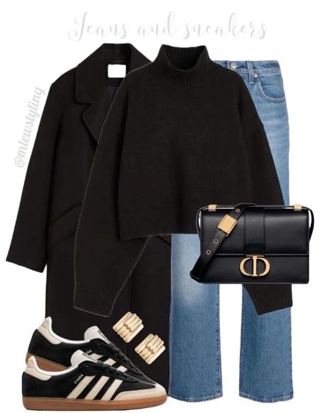 Casual Winter Day Outfits, Winter Outfit Black Coat, Fall Outfits 2024 Jeans, Black Coat Outfit Casual, Autumn Outfit Ideas 2024, H&m Winter Outfits, Sweater Sneakers Outfit, Dior Winter Outfit, Black Wool Coat Outfit Winter