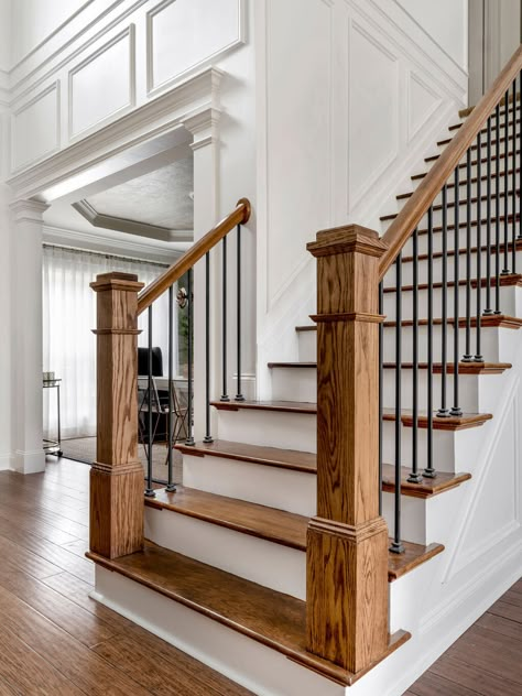 Portfolio College Park New Traditional Iron Spindle Staircase, Wood Railings For Stairs, Farmhouse Stairs, Oak Handrail, Stairs Renovation, Stair Spindles, Staircase Railing Design, Iron Stair Railing, House Staircase