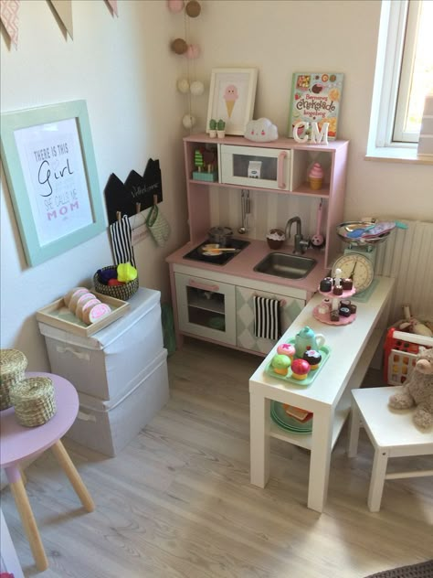 Play Kitchen Playroom, Small Playroom, Ikea Play Kitchen, Living Room Playroom, Baby Playroom, Girls Playroom, Toddler Playroom, Kids Play Kitchen, Kids Playroom Decor