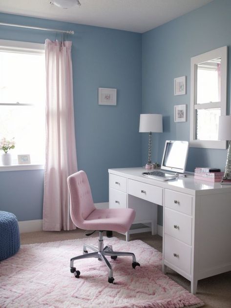 Create a trendy teen girl bedroom by painting one wall a deep shade of blue for a striking accent. Add in a chic white desk and a plush pink rug to create a stylish and modern space. Blue Teen Bedroom Girl, Pink And Blue Accent Wall, Girls Room Blue Walls, Girls Pink And Blue Bedroom, Blue And Pink Bedroom For Kids, Pink And Blue Girls Bedroom, Light Blue Girls Bedroom, Girls Blue Bedroom Ideas, Light Blue And Pink Bedroom