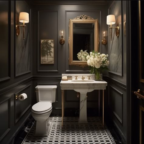 Hotel Bathroom Inspiration, Black Powder Room, Luxury Powder Room, Color Schemes Bathroom, Bathroom Artwork Ideas, Dark Bathroom, Bathroom Closet Organization, Dark Bathrooms, Vintage Hotel