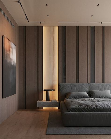 Discover the sophisticated elegance of this master bedroom designed by SENCE ARCHITECTS. Featuring sleek wooden panels, modern lighting, and a minimalist aesthetic, this space embodies contemporary interior design. Perfect for those seeking inspiration for a stylish and serene retreat. Contemporary Panelling, Contemporary Minimalist Bedroom, Contemporary Minimalist Interior, Contemporary Bedroom Interior Design, Modern Industrial Bedroom, Small Modern Bedroom, Bedroom Design Modern, Bed Back Design, Limassol Cyprus