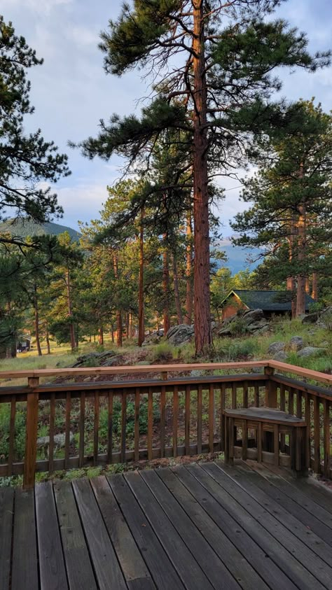 rocky mountain forest view from the cabin deck Woods Home, Home Surrounded By Trees, Mountains Cabin, Living Peacefully, Houses Nature, Living In The Forest Life, Life In The Woods, Cabins Aesthetic, Peace Place