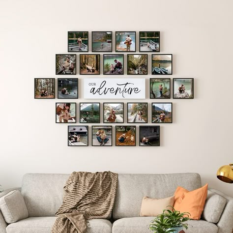 Mixtiles - Turn your photos into affordable, stunning wall art Mix Tile Photo Wall Ideas, Photo Wall Collage Living Room, Wall Collage Living Room, Collage Living Room, Family Photos Wall Decor, Adventure Wall Decor, Travel Photo Wall, Frame Arrangement, Photowall Ideas