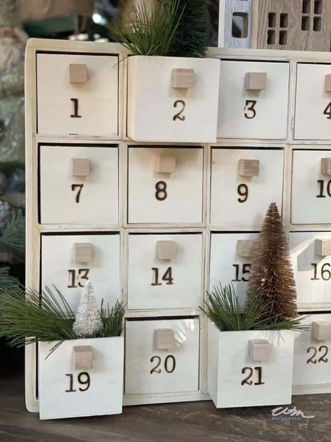 Easy and fun DIY Advent Calendar boxes: Christmas in July Dollar Tree Wooden Box Advent Calendar, Wooden House Advent Calendar, Wood Advent Calendar, Homemade Advent Calendars, Advent Calendar Boxes, Advent Box, Chocolate Advent Calendar, Wooden Advent Calendar, Christmas Look