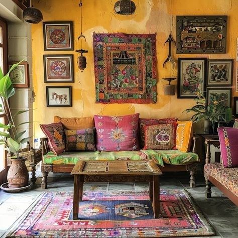 Indian Eclectic Interiors, Rustic Indian Home Decor, South Asian Inspired Home Decor, India Home Decor Ideas Indian Style, Indian Colonial Decor, Indian Rental Home Decor, Traditional Living Room Decor Ideas Indian, American Bedroom Ideas, Indian Interior Decor