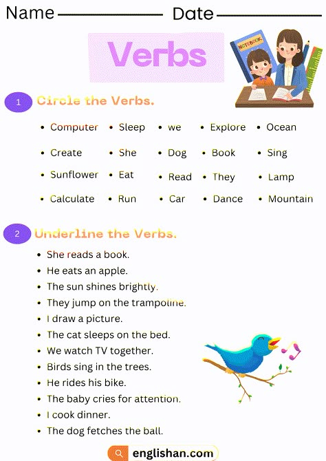 Verbs Worksheets in English - Circle the Verbs Verbs Grade 1 Worksheet, Worksheet On Verbs For Grade 1, Verbs Worksheet Class 4, English Verbs Worksheets, Verbs Grade 2, Verbs Worksheet For Class 2, Verb Worksheets Grade 2, Verbs For Grade 1, Grade 3 English Worksheets Activities