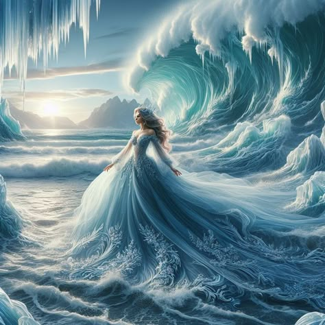 Ocean Dresses, Disabled Models, Sky Photoshop, Ocean Dress, Water Goddess, Fashion Evolution, Goddess Aesthetic, Wave Illustration, Chinese Cheongsam