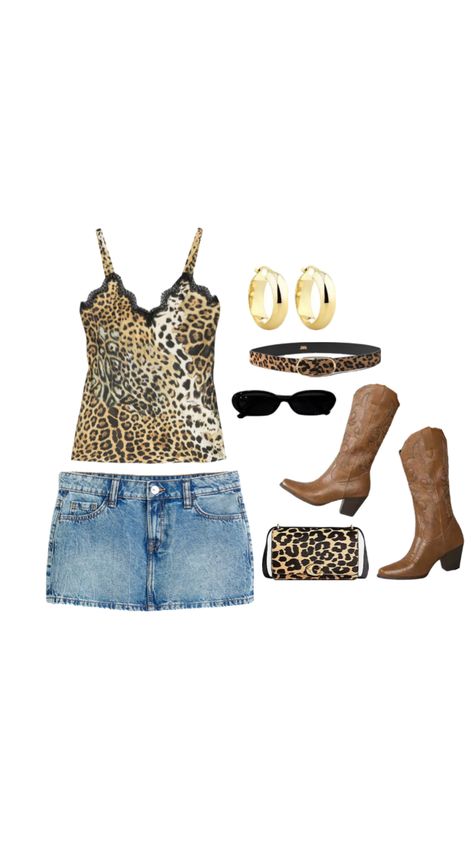 Leopard print outfit inspiration festival ideas cowgirl boots aesthetic inspo cute fit Cowgirl Boots Aesthetic, Leopard Print Outfit, Cheetah Clothes, Boots Aesthetic, 80s Inspired Outfits, Cowboy Outfit, Cheetah Skirt, Leopard Print Outfits, Festival Ideas