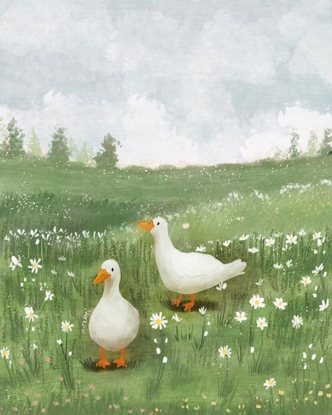 Wallpaper Iphone Ducks, August Drawings, Cute Duck Illustration, April Illustration, Ducks Illustration, Duck Background, Daisies Illustration, Meadow Illustration, Spring Wallpaper Iphone