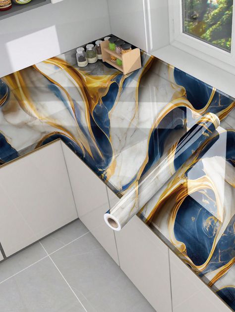 1pc Dark Blue And Gold Marbling Waterproof And Oil Proof Pvc Self-adhesive Kitchen Accessories Drawer/shelf Liner, Table/countertop Protection Sticker, Household Chalkboard Sticker, Marble WallpaperI discovered amazing products on SHEIN.com, come check them out! Blue And Gold Kitchen Ideas, Blue And Gold Kitchen, Black Sofa Living, Cozy Kitchen Ideas, Accessories Drawer, Navy Blue Decor, Chalkboard Stickers, Drawer Shelf, Kitchen Stickers