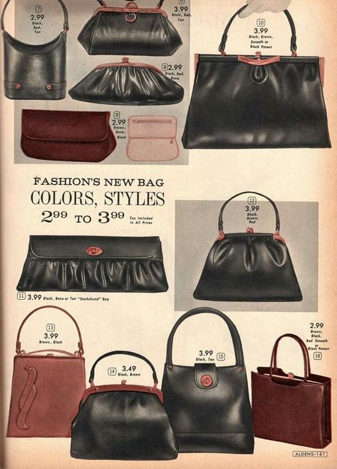 Handbag Ads, Bag Catalogue, Vintage Bags 1950s, 1950s Accessories, 60s Purse, Leather Handbag Patterns, Retro Handbags, Girly Bags, Vintage Inspired Outfits