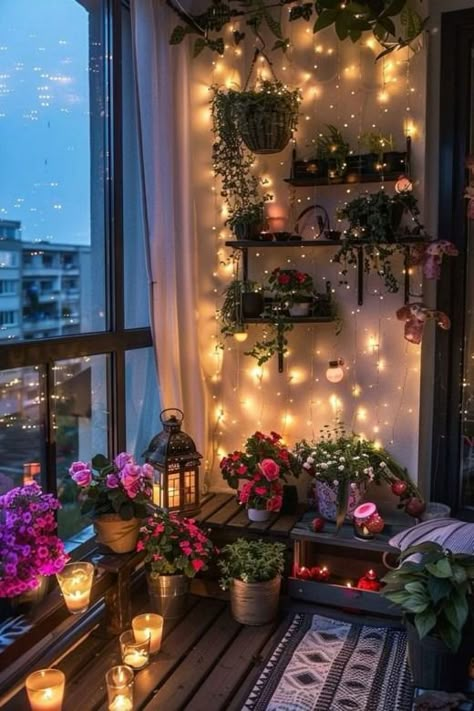 Glowing lights and vibrant blooms create magic Future Apartment Decor, Small Balcony Decor, Inspire Me Home Decor, Apartment Balcony Decorating, Cozy Room Decor, Apartment Decor Inspiration, Amritsar, Balcony Design, Apartment Balconies