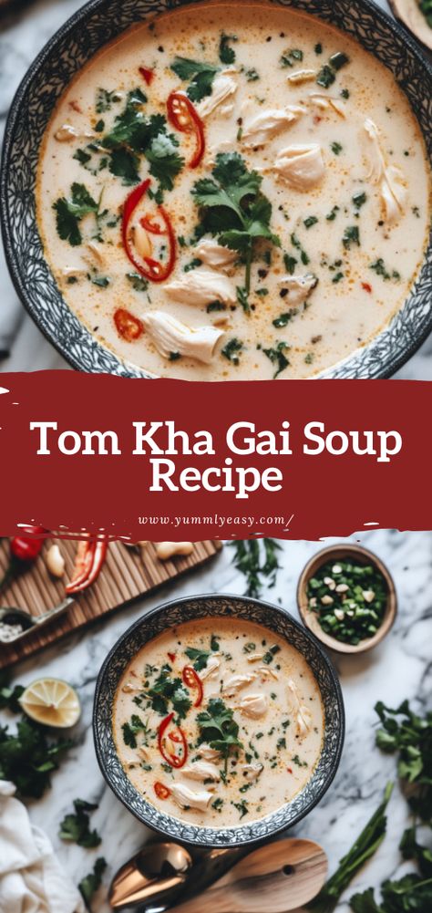 Tom Kha Gai (Thai Coconut Chicken Soup) Recipe - Yummly Easy Tom Kha Gai Soup Recipe, Tom Kha Gai Soup, Thai Soup Recipes, Chicken Coconut Soup, Coconut Chicken Soup, Coconut Soup Recipes, Thai Coconut Chicken Soup, Thai Coconut Chicken, Thai Chicken Soup