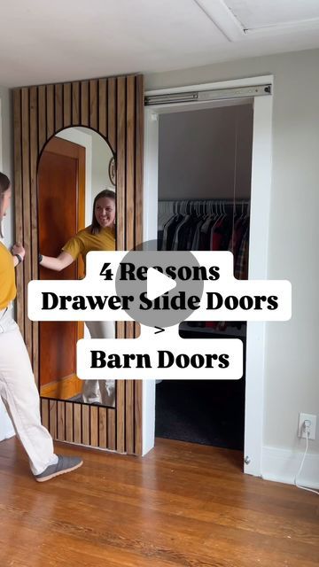 Track Doors Sliding Diy, Linen Closet Sliding Door, Sliding Door Using Drawer Slides, Landry Doors, Drawer Slide Door, Sliding Door Interior Design, Updating Sliding Closet Doors Diy, Sliding Door Shelf, Roll Up Closet Door