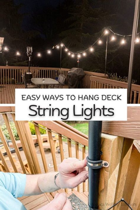 Best ways to hang string lights on deck String Lights Around Deck, Porch String Light Ideas, Outdoor String Lights Deck Patio Ideas, Diy Deck Light Poles, String Lights Outdoor Deck Ideas, Outdoor Patio Lights String, String Lights Over Deck, Hanging Yard Lights, Deck With String Lights