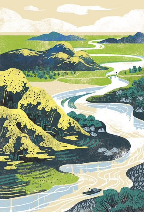 Hills Illustration, River Illustration, Chinese Style Illustration, Water Spring, Spring Illustration, Water Illustration, Mountain Illustration, River Water, Landscape Mountains