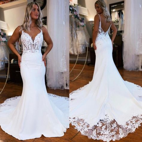 V Neck Mermaid Wedding Dresses Lace Appliques Backless Sweep Train Bridal Gowns | eBay Western Wedding Decorations, Crown Veil, Country Western Wedding, Secret Wedding, Country Theme Wedding, Dresses Satin, Pretty Wedding Dresses, Country Theme, Mermaid Wedding Dresses