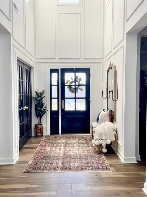 Entryway With High Ceiling, Foyer Molding, Box Molding, Wall Molding Design, Foyer Ideas Entryway, Foyer Stairs, Foyer Wall, Picture Frame Moulding, Molding Design