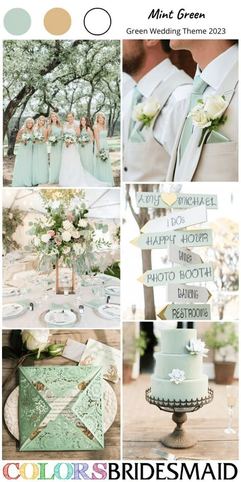 mint green wedding colors for green wedding themes 2023: mint green bridesmaid dresses, white bridal gown, beige groomsmen suits with mint green ties, mint green flower girl dress, ming wedding cake, mint wedding invitation, mint wedding direction sign and mint wedding napkins. #weddings #weddingideas #bridesmaiddresses #colsbm #2023 #mintgreenwedding Maroon And Mint Wedding, Mint Green And Cream Wedding, Light Green And White Wedding Theme, Light Blue And Mint Green Wedding, Mint Green And Sunflower Wedding, Mint And Emerald Wedding, Mint Green Dress Wedding, Mint And White Wedding, Mint And Grey Wedding