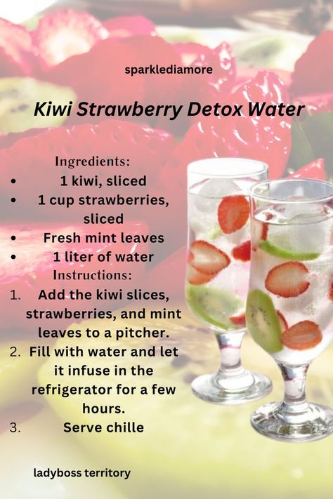 A refreshing detox water infused with fresh slices of kiwi and strawberry, garnished with a sprig of mint, and served in a clear glass pitcher filled with ice-cold water. Strawberry Detox Water, Mint Detox Water, Kiwi Strawberry, Pineapple Mint, Strawberry Kiwi, Best Detox, Staying Hydrated, Cleanse Your Body, Fresh Mint Leaves