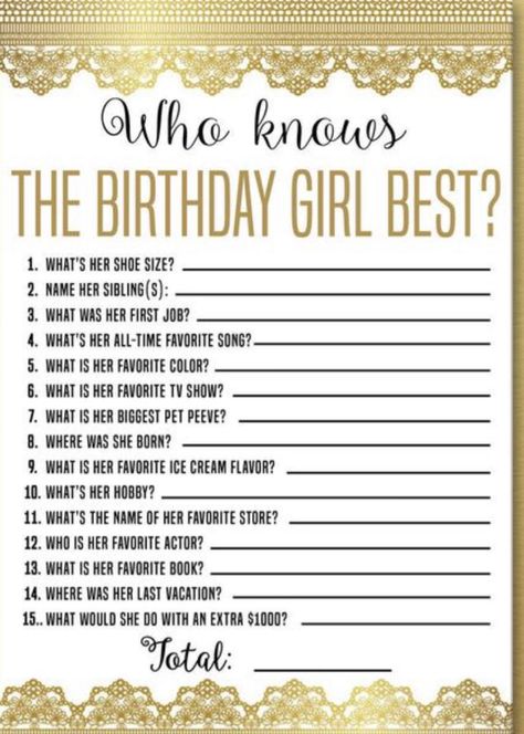 Who knows the birthday girl the best you can print these as a party game of just call the off your device Birthday Party Game Ideas, Teen Girl Birthday Party, Girls Birthday Party Games, 17. Geburtstag, Sweet 16 Party Themes, 14th Birthday Party Ideas, Birthday Sleepover Ideas, Sweet Sixteen Birthday Party Ideas