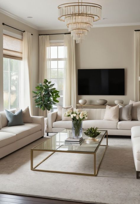 This contemporary living room’s beauty is elevated through its sophisticated neutral palette and sleek, plush furnishings. The subtle metallic accents and soft lighting add a touch of luxury, creating a space that feels both elegant and inviting, perfect for both relaxation and entertaining. Classy Comfy Living Room, Chrissy Marie Blog Living Room, Gold And Neutral Living Room, Neutral Living Room With Gold Accents, Neutral And Gold Living Room, Elegant Contemporary Living Room, Neutral Transitional Living Room, French Inspired Living Room, Contemporary Living Rooms