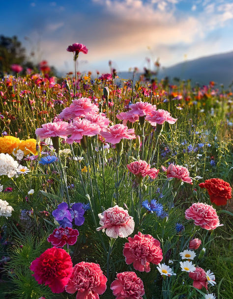 Close-up of vibrant carnations growing in a wildflower field, showcasing their colorful petals and lush greenery." Wildflower Fields, Shasta Daisies, Architectural Plants, Prairie Garden, Fountain Grass, Wildflower Field, Garden Pest Control, Flower Garden Design, Garden Walkway