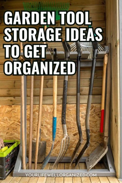 Are your garden tools a mess? Here are some garden tool storage ideas to make gardening your favorite chore. Outdoor Garden Tool Storage Ideas, Garage Yard Tool Storage Ideas, Shovel Organization, Shovel And Rake Storage Ideas, Yard Tool Storage Ideas Diy Projects, Gardening Tool Storage, Shovel Storage Ideas, Small Tool Organization, Garden Tools Organization Ideas