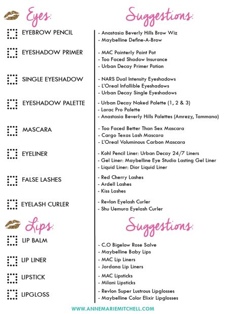 Anne Marie Mitchell  The Ultimate Makeup Kit Checklist  Free Printable Download Makeup Artist Kit Checklist, Bridal Makeup Checklist, Makeup Artist Checklist, Bridal Makeup Kit Products List, Bridal Makeup Kit List, Full Makeup Kit List, Bridal Makeup Products, Makeup Checklist, Bridal Makeup Kit