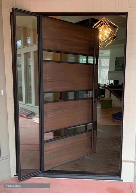 Steel Wood Door Design, Wood Metal Door, Pivot Doors Entry, Steel Doors Exterior, Steel Doors And Windows, Horse Custom, Steel Front Door, Modern Exterior Doors, Steel Door Design