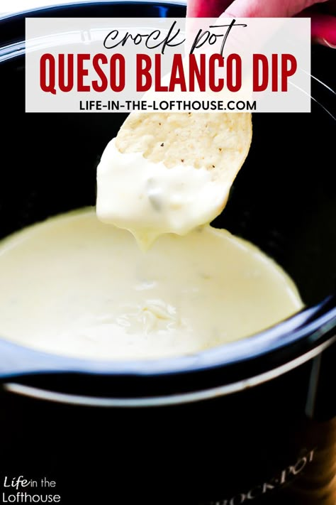 Queso Blanco dip is a warm and gooey white cheese dip with green chilies that is cooked in the crock pot. This delicious cheese dip is the ultimate party snack. Crockpot White Cheese Dip, Chilis White Queso Dip, Crock Pot White Queso Dip, Queso For A Crowd, White Castle Dip, White Cheese Queso Dip Crockpot, White Cheese Dip Mexican, Queso Dip Crockpot Velveeta, Velveeta Queso Blanco Dip