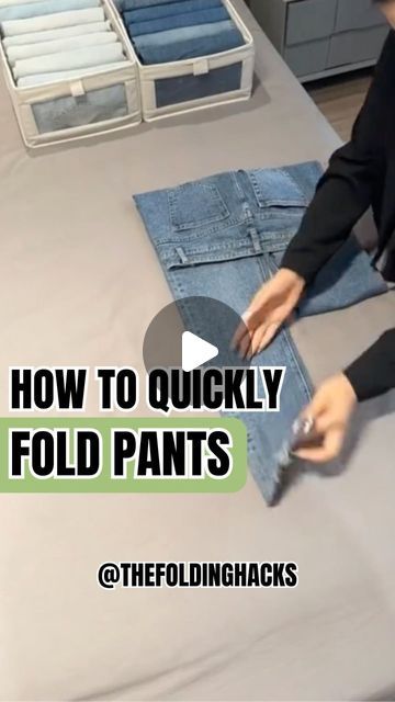 Folding Slacks Pants, Pant Folding Trick, How To Fold Your Jeans, How To Fold Your Pants, Folding Jeans Hack, How To Fold Trousers For Packing, How To Fold Jeans For Packing, Cloths Folding For Travel, Folding Pants On Hanger