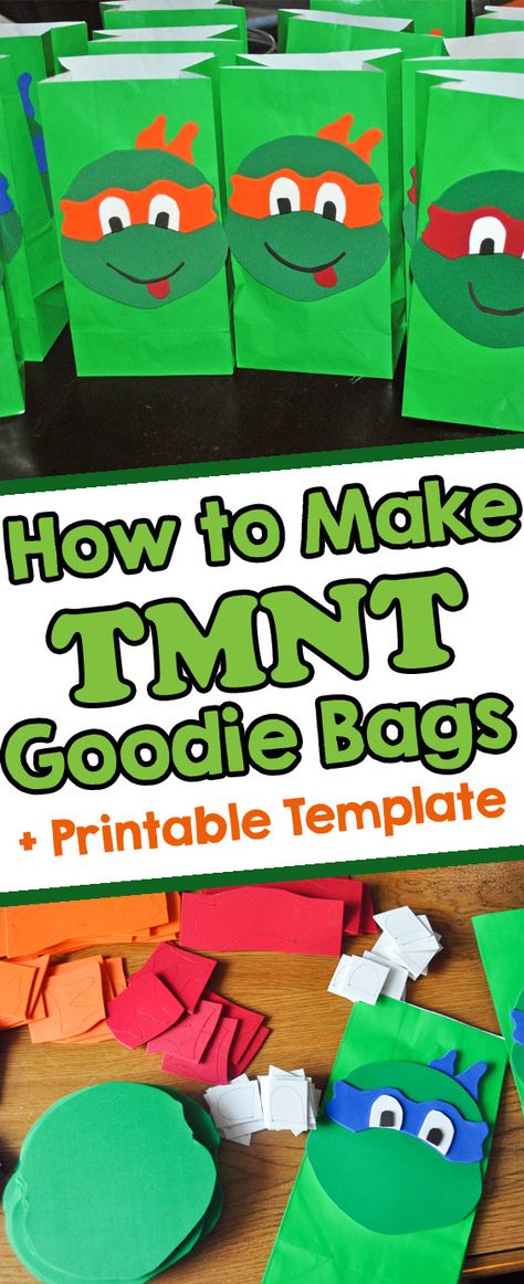 Teenage Mutant Ninja Turtle Party ideas - Learn how to make these TMNT Goodie Bags with a printable template. Ninja Turtles Goodie Bags, Tmnt Goodie Bags, Ninja Turtle Gift Bags, Ninja Turtle Gift Ideas, Ninja Turtles Goody Bag Ideas, Ninja Turtle Goodie Bag Ideas, Ninja Turtles Birthday Party Ideas Diy, Diy Ninja Turtle Party, Ninja Turtle Centerpieces