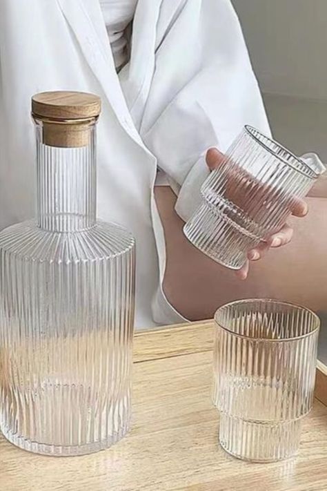 Minimal carafe set with ripple design - everyday home essential Water Glasses Aesthetic, Carafe And Glass Set, Water Carafe Aesthetic, Nordic Glassware, Water Glass Set, Bedside Water, Bedside Water Carafe, Elegant Glasses, Crockery Design