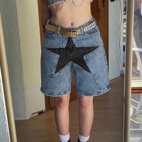 tufffff star jorts ⭐ hella comfy and perfect for summer fits Stitched Jeans, Classic Denim Shorts, Pants Y2k, Denim Cargo Pants, Shorts Fit, Streetwear Mode, Y2k Shorts, Denim Cargo, Vintage Preppy