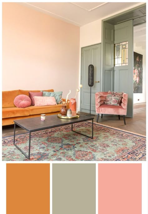 Peach Color Scheme Living Room, Pink Orange Grey Living Rooms, Pink Orange And Grey Bedroom, Pink Sage Green Living Room, Light Orange Furniture, Peach Floor Tiles Living Room, Green And Salmon Living Room, Orange And Pink Living Room Decor Ideas, Yellow Orange Green Home Decor