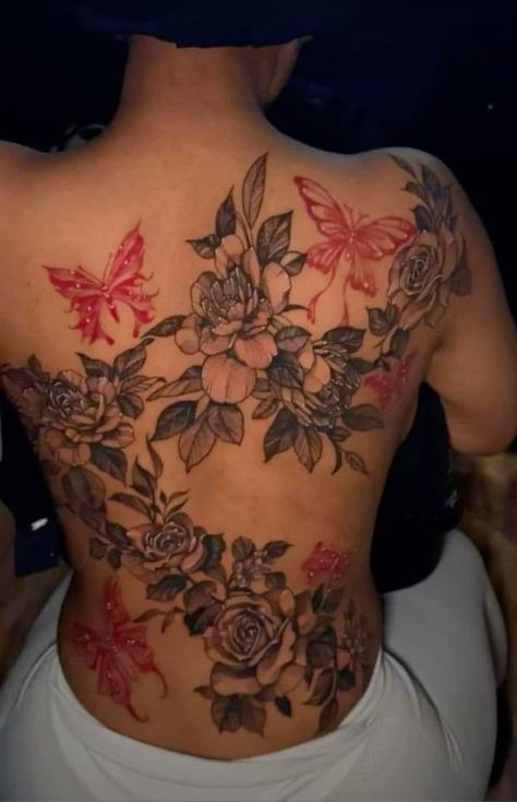 Hip And Leg Tattoos Women, Detailed Back Tattoo Women, Tattoos On Buttocks For Black Women, Full Back Sleeve Tattoo Women, Back Tattoo Connected To Thigh, Woman’s Full Back Tattoo Ideas, Full Back Butterfly Tattoo, Lilies Back Tattoo, Full Back Women Tattoo