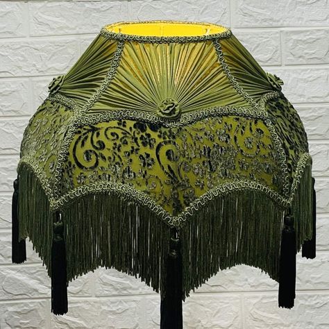 Lampshade scallop dome green burn-out velvet with fringe. This lampshade is handmade & may have slight imperfections (as you may see) which are inherent to hand-crafted items and should be viewed as part of its natural beauty and charm. They may show subtle variations and small flaws which are part of the individual character and charm of handicraft work. RETURN POLICY: WE DO ACCEPT RETURNS BUT WILL ONLY REFUND THE AMOUNT FOR THE COST OF THE LAMPSHADE. SO, IF YOU HAVE TO RETURN THE LAMPSHADE FOR Green Victorian Lampshade, Diy Victorian Lampshades, Lamp Shades Ideas, Lamp Shade Crafts, Green Lampshade, Velvet Lampshade, Victorian Lamp, Vintage Lampshades, Victorian Lighting